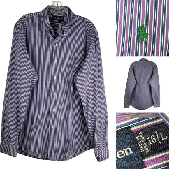 Polo Ralph Lauren Oxford Mens Large 16 Purple Stripe LS Button Down Shirt Vtg - Picture 1 of 10